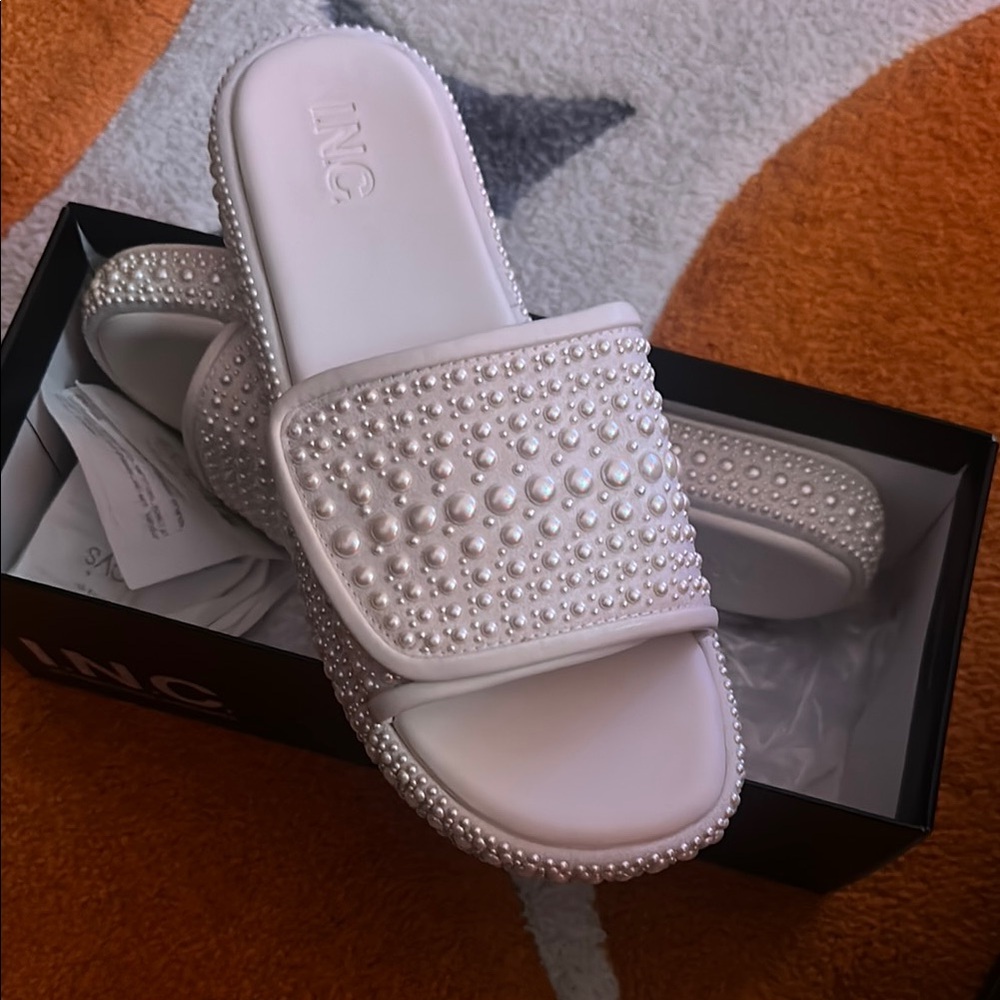 INC International Concepts Women's White Pearl Embellished Slides